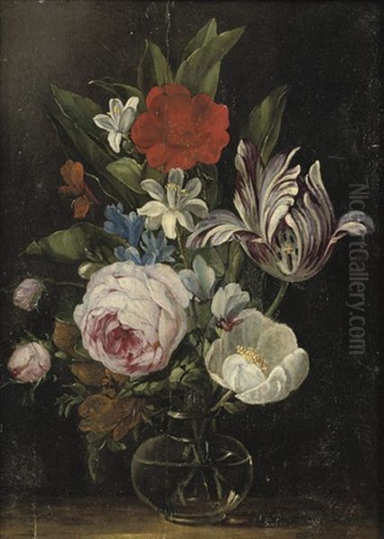 Roses, A Tulip And Other Flowers In A Glass Vase Oil Painting by Jan van den Hecke the Elder