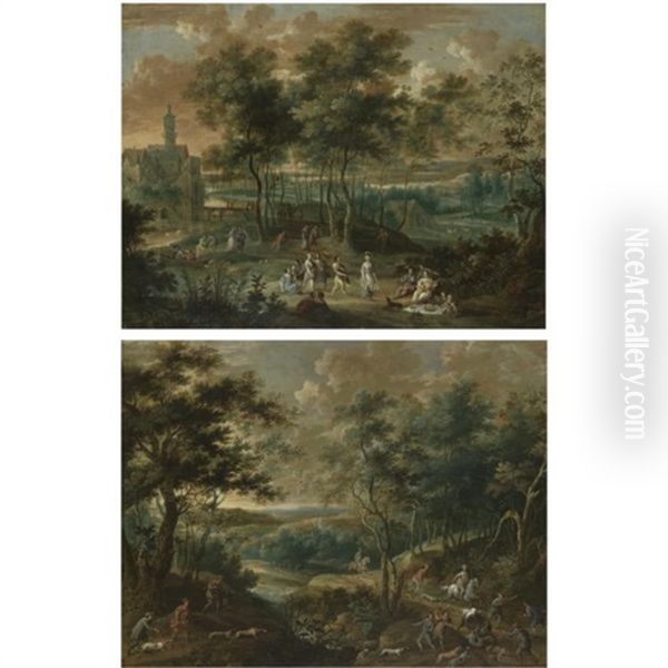 Elegant Figures Picnicking And Making Music In A Park Landscape, A Castle Beyond (+ A Wooded River Landscape With A Hunting Party, A Hound Attacking A Bull; Pair) Oil Painting by Jan van den Hecke the Elder