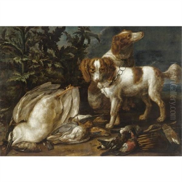 Still Life With Two Spaniels Together With Various Game And Songbirds Oil Painting by Jan van den Hecke the Elder