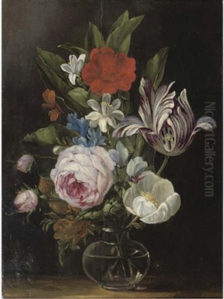 Roses, A Tulip And Other Flowers In A Glass Vase Oil Painting by Jan van den Hecke the Elder