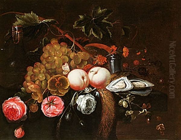 Stilleben Med Blommor, Frukter Och Ostron Oil Painting by Jan van den Hecke the Elder