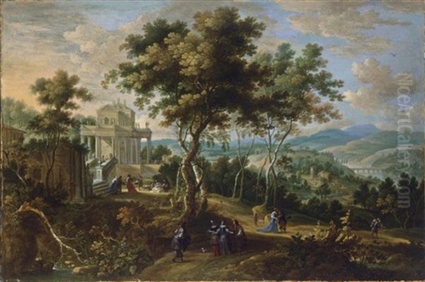 A Panoramic Classical Landscape With Elegant Figures Strolling And Resting Near A Palace, A View Of A River Beyond Oil Painting by Jan van den Hecke the Elder