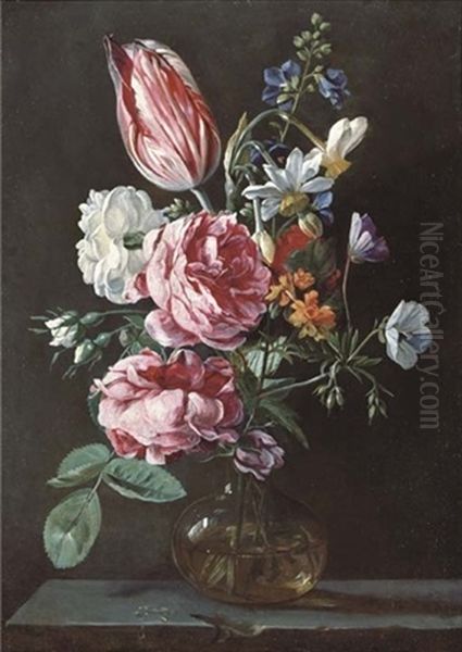 Roses, A Parrot Tulip, Narcissi And Other Flowers In A Glass Vase On A Stone Ledge Oil Painting by Jan van den Hecke the Elder