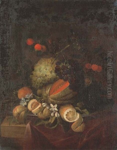 Peches, Cerises, Melon, Raisins Et Citron Sur Un Entablement Drape Oil Painting by Jan van den Hecke the Elder