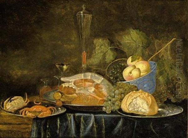 A Still Life With A Ham, A Bun, Crabs On Pewter Plates, Peaches In A Blue And White Bowl And Wine Glasses Together With Grapes, All On A Draped Table Oil Painting by Jan van den Hecke the Elder