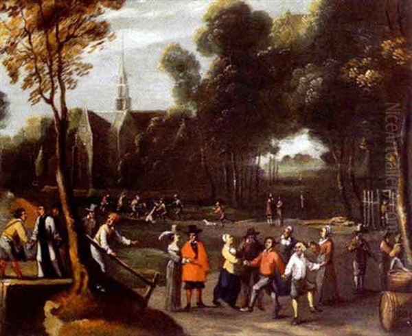 Scene De Village Aux Danseurs Oil Painting by Jan van den Hecke the Elder