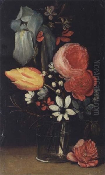 A Still Life With An Iris, Roses, A Tulip And Various Other Flowers Together In A Glass Vase Oil Painting by Jan van den Hecke the Elder