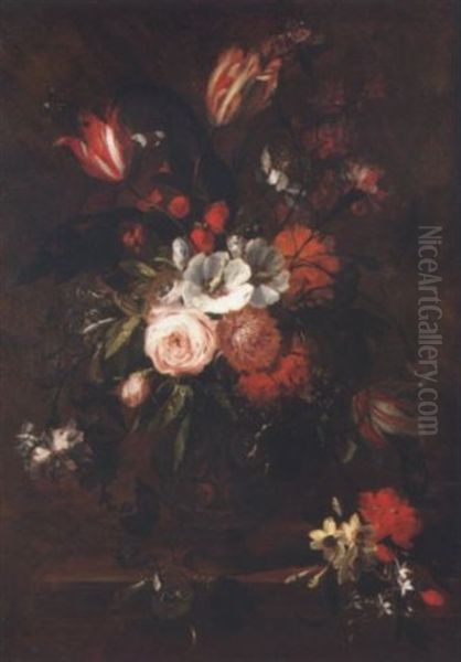 Roses, Carnations, Tulips, Narcissi And Other Flowers In An Earthenware Vase On A Table Top Oil Painting by Jan van den Hecke the Elder