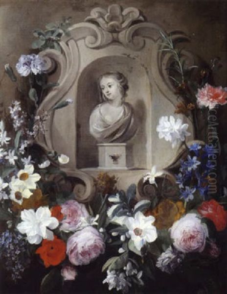 Eine Girlande Von Rosen, Nelken, Narzissen, Mohnblumen Und Andere Bluten Oil Painting by Jan van den Hecke the Elder