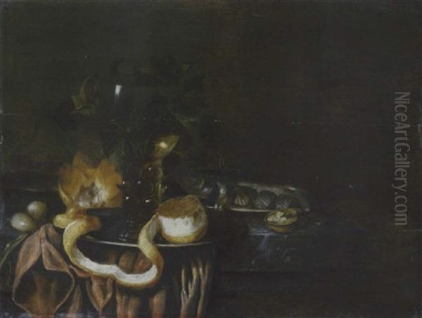 Stilleben Mit Fisch, Zitrone Und Romer Oil Painting by Jan van den Hecke the Elder