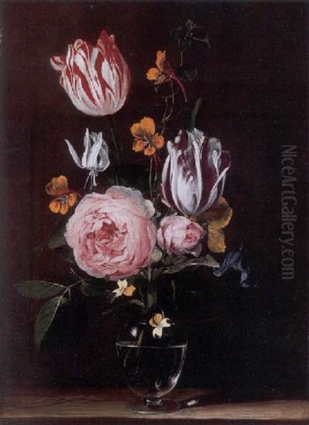 Roses, Tulips, Primroses And Other Flowers In A Glass Vase, On A Wooden Table Oil Painting by Jan van den Hecke the Elder