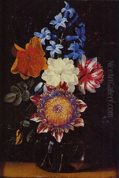 A Chrysanthemum, A Hyacinth, A Poppy And Other Flowers In A Glass Vase Oil Painting by Jan van den Hecke the Elder