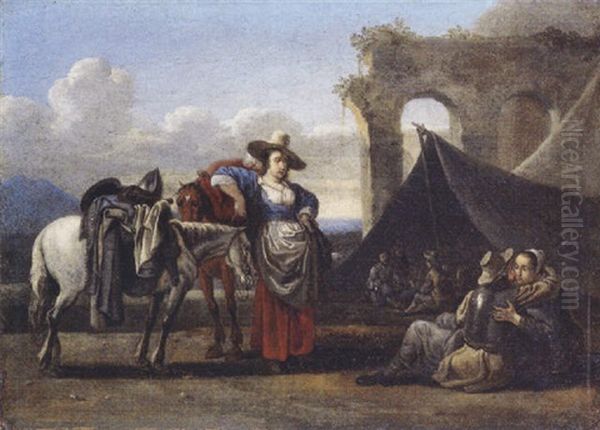 A Procuress And A Couple Near An Encampment, In An Italianate Landscape Oil Painting by Jan van den Hecke the Elder