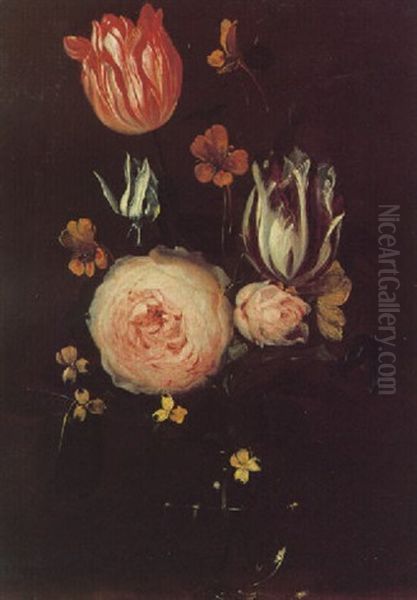 A Still Of Roses, Tulips And Other Flowers In A Glass Vase On A Table Oil Painting by Jan van den Hecke the Elder