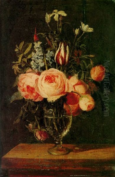 Still Life Of Roses, A Tulip And Other Flowers In A Glass Vase Oil Painting by Jan van den Hecke the Elder