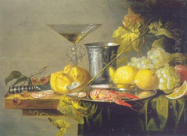 Crayfish And Prawns On A Pewter Plate, A Beaker, Wineglass, Roll, Knife, Lemons, Grapes And Other Fruit On A Partially Draped Table Oil Painting by Jan van den Hecke the Elder