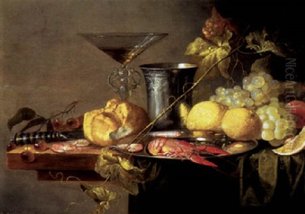 Crayfish And Prawns In A Pewter Plate, A Beaker, A Wineglass, A Roll, A Knife And Fruit On A Partly Draped Table Oil Painting by Jan van den Hecke the Elder