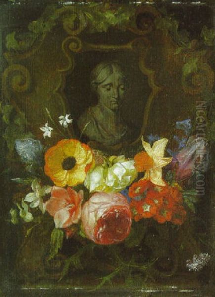 A Swag Of Roses, Narcissus And Other Flowers Decorating A Stone Cartouche Inset With A Bust Of A Woman Oil Painting by Jan van den Hecke the Elder