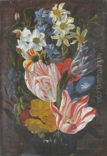 Tulips, Roses, Anemones And Others Flowers In A Glass Vase On A Stone Ledge Oil Painting by Jan van den Hecke the Elder