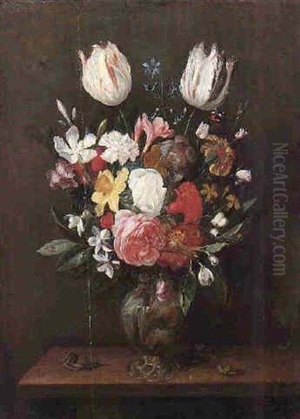 Still Life Of Flowers In A Vase On A Wooden Table With Bee, Butterfly, Snail And Frog Oil Painting by Jan van den Hecke the Elder