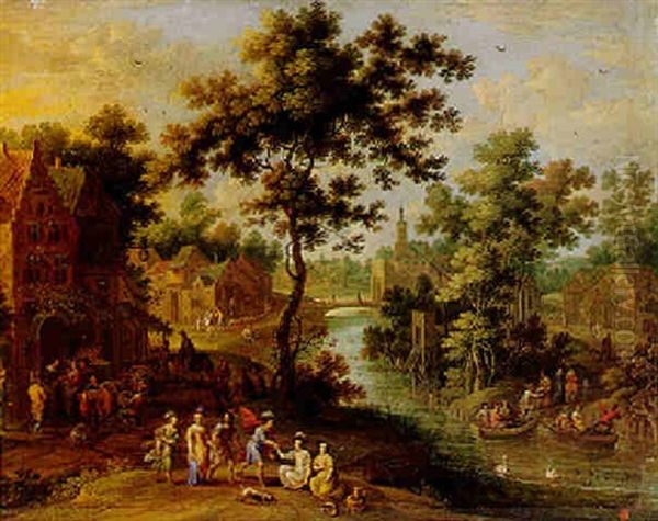 Extensive Landscape With Figures And A Village By The Banks Of A River Oil Painting by Jan van den Hecke the Elder