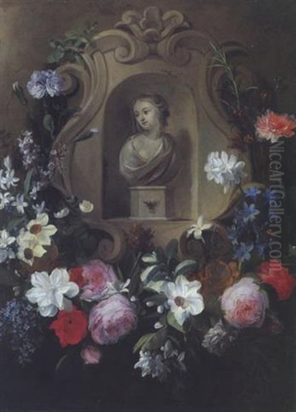 Steinnische Mit Weiblicher Buste Umrankt Von Rosen, Narzissen, Nelken Und Anderen Blumen Oil Painting by Jan van den Hecke the Elder