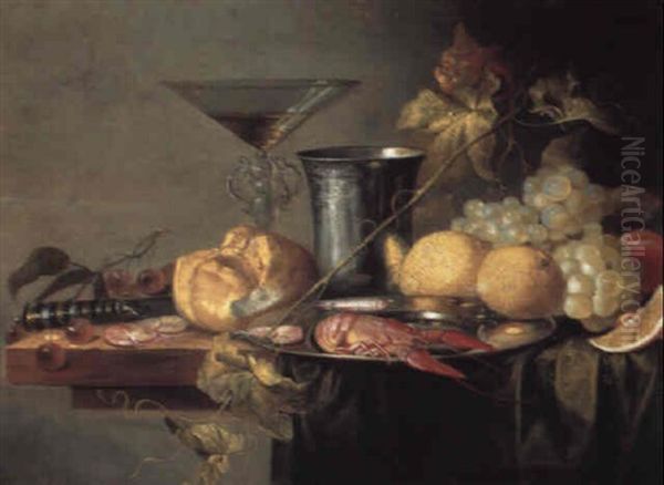 Crayfish And Prawns On A Pewter Plate, A Beaker, Glass And Fruit On A Table Oil Painting by Jan van den Hecke the Elder