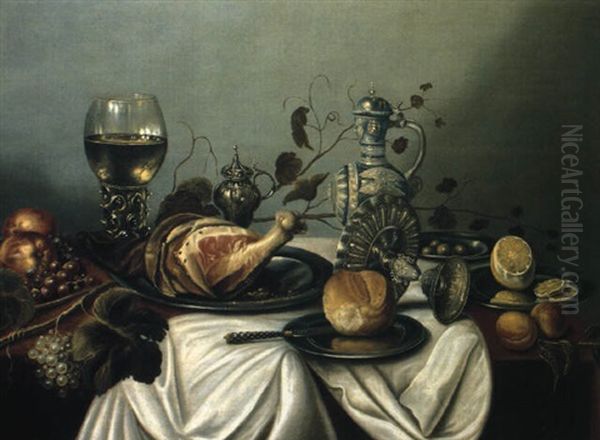 Nature Morte Au Roemer Et Au Jambon Oil Painting by Jan van den Hecke the Elder