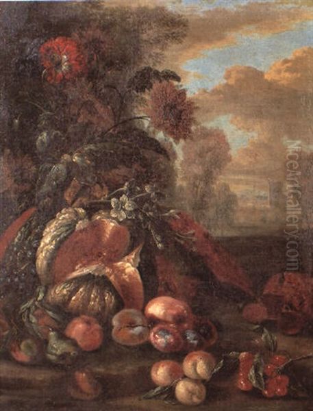 Park Landscape With Still Life Of A Melon And Other Fruit And Flowers Oil Painting by Jan van den Hecke the Elder