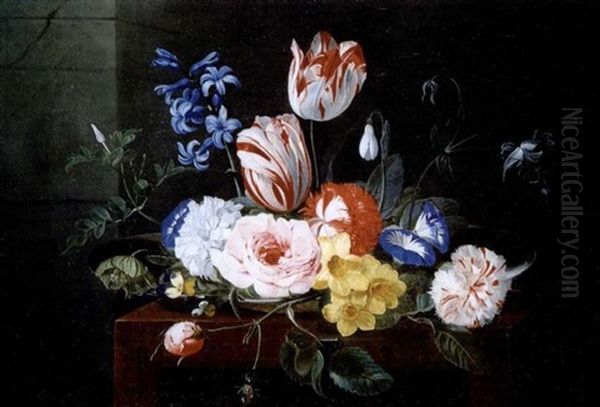 Assiette De Fleurs Posee Sur Un Entablement Oil Painting by Jan van den Hecke the Elder