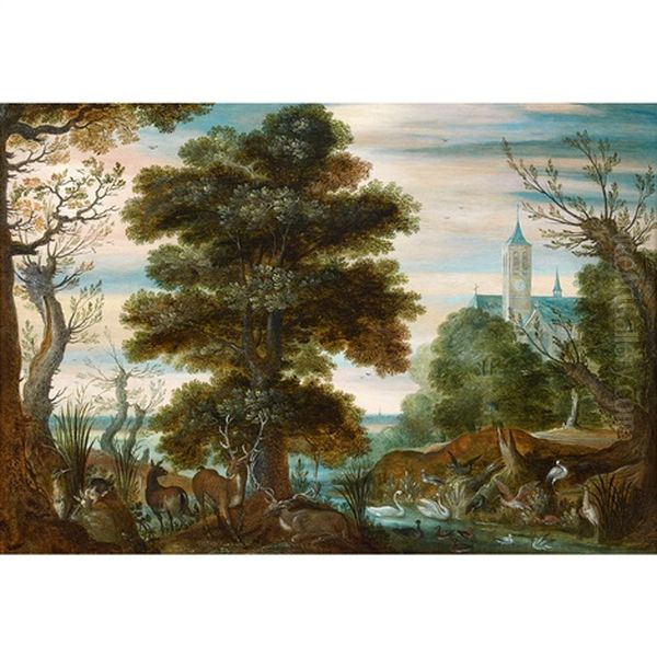 Paysage Aux Animaux Sauvages Oil Painting by Samuel van den Hecken