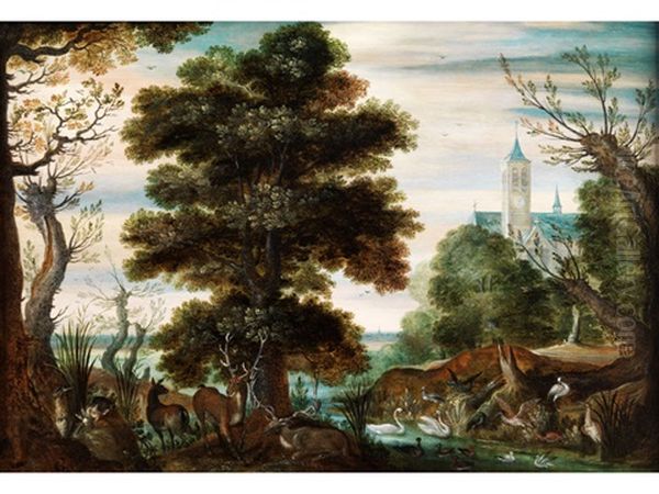 Baumlandschaft Mit Jagdtieren Und Federvieh Vor Einer Kirche Im Hintergrund Oil Painting by Samuel van den Hecken