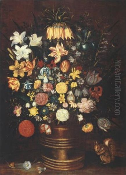 Blumenstilleben In Einem Holzbottich Oil Painting by Samuel van den Hecken