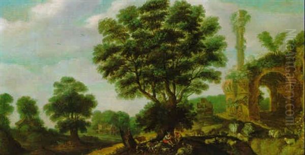 Landschaft Mit Roemischen Ruinen Sowie Merkur Und Argus Oil Painting by Samuel van den Hecken