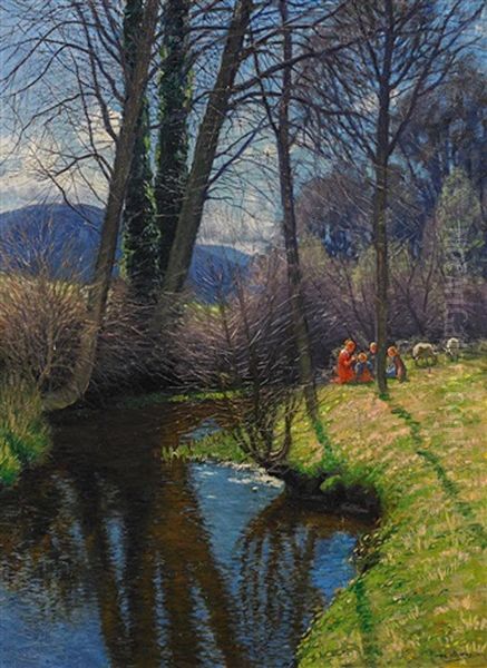 Fruhlingslandschaft Mit Kindern Am Bachlauf Oil Painting by Franz Hecker