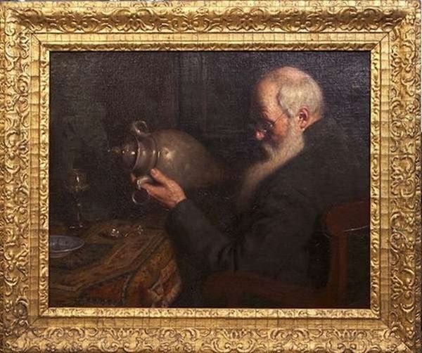 Study Of An Old Antique Dealer Examining A Pewter Vase, Seated At A Table Oil Painting by Franz Hecker