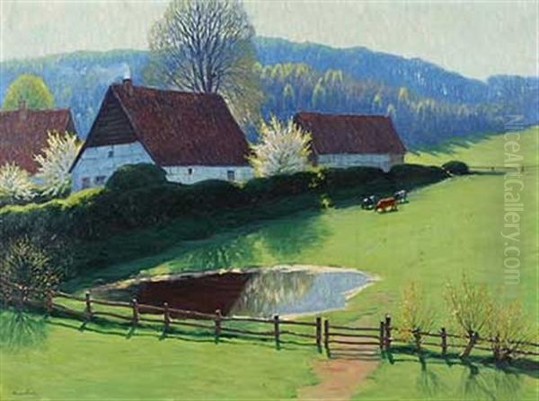 Gehoft An Einem Sonnigen Fruhlingstag Oil Painting by Franz Hecker