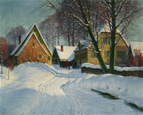 Winter Im Dorf, Auf Der Strase Ein Pferdefuhrwerk Oil Painting by Franz Hecker