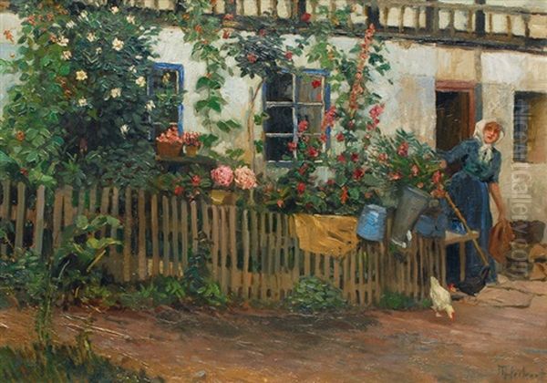 Garden In Front Of A House Oil Painting by Maria (Fechner) Heckert