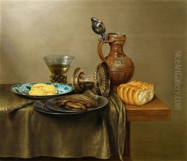 Still Life With A Herring, Rummer, Wanli Dish, And Bread Oil Painting by Gerrit Willemsz. Heda