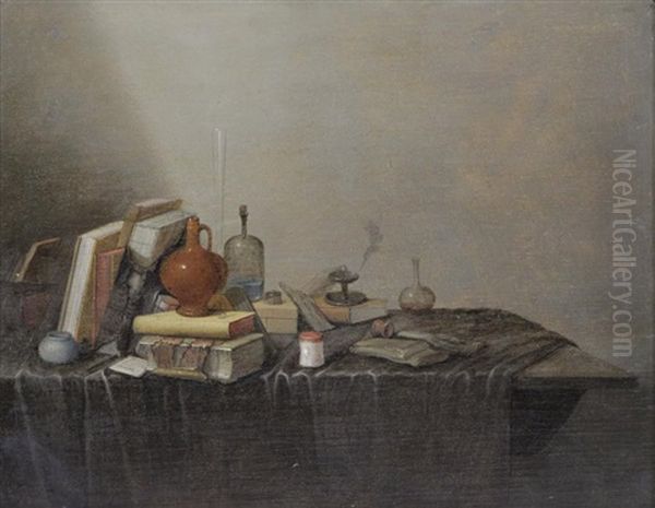 Still Life With Book And Vessels On A Draped Table Oil Painting by Gerrit Willemsz. Heda