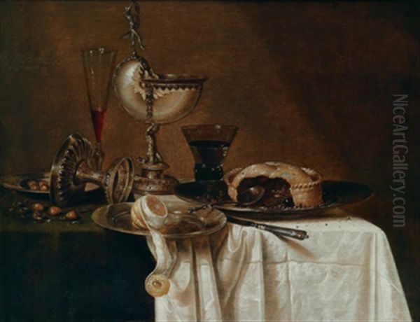 Ein Prunkstillleben Mit Einem Nautiluspokal, Einem Romer, Einem Facon De Veniseglas, Einer Geschalten Zitrone Und Einer Pastete Auf Einem Tisch, Drapiert Mit Einer Weisen Tischdecke Oil Painting by Gerrit Willemsz. Heda