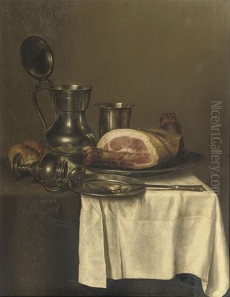 A Pewter Jug, A Silver Cup, A Ham On A Silver Plate, A Knife On A Pewter Plate And A Roll Of Bread Oil Painting by Gerrit Willemsz. Heda