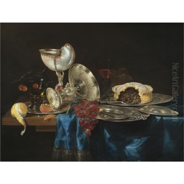 Still Life With A Nautilus Cup, A Meat Pie, A Bunch Of Grapes, Some Pewter Plates And A Partly-peeled Lemon, All Arranged On A Partly Draped Table Oil Painting by Gerrit Willemsz. Heda