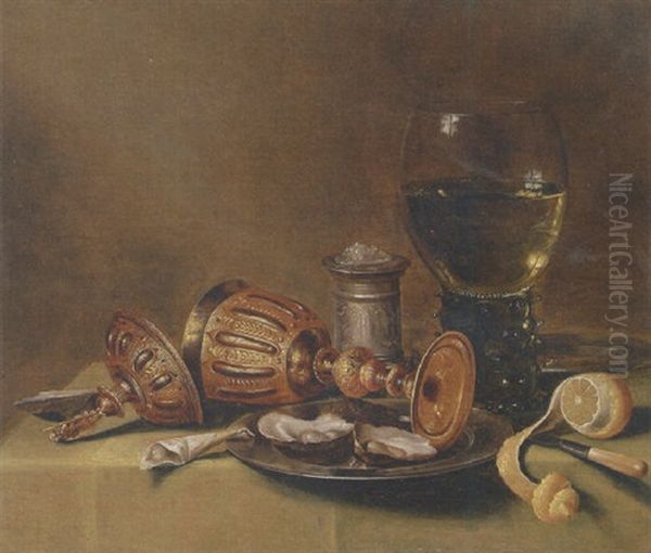 A Roemer, An Overturned Goblet, Oysters On A Pewter Plate, A Silver Salt, A Knife And A Peeled Lemon On A Draped Table Oil Painting by Gerrit Willemsz. Heda