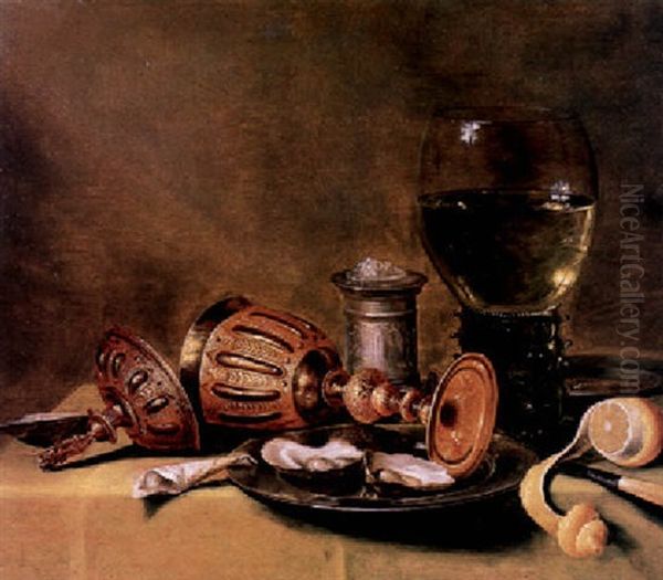 Oysters On A Pewter Plate, An Upturned Cup And Cover, A Roemer And A Silver Salt On A Draped Table Oil Painting by Gerrit Willemsz. Heda