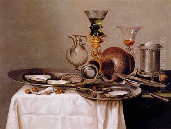 A Roemer On A Gilt Stand, A Stoneware Flagon And Other Objects On A Partially Draped Ledge Oil Painting by Gerrit Willemsz. Heda