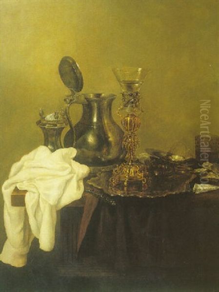 Still Life Of Gilt Bekerschroef Holding A Roemer And Other Objects All On A Wooden Table Oil Painting by Gerrit Willemsz. Heda