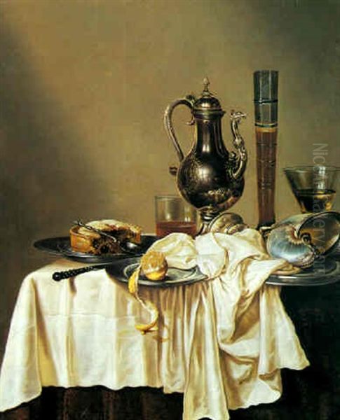 Nature Morte Med Kande, Vinglas Og Ipe Pa Et Bord Oil Painting by Gerrit Willemsz. Heda