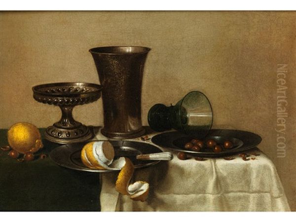 Stillleben Mit Prunkbechern, Liegendem Glas, Zitrone Und Nussen In Zinnschalen Oil Painting by Willem Claesz Heda